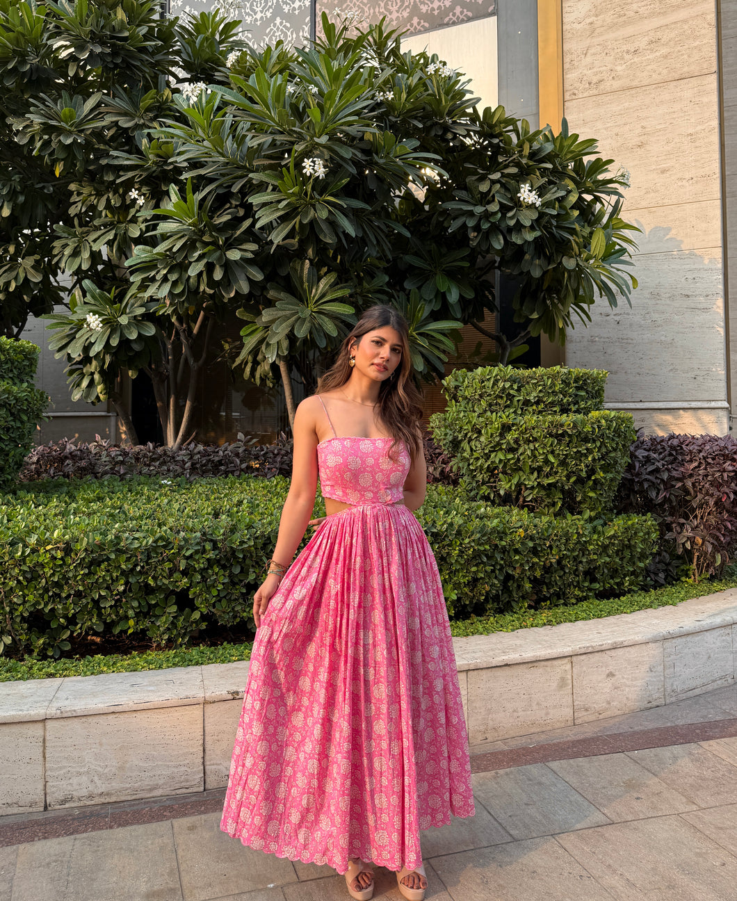 Pink Floral Cut-out Dress